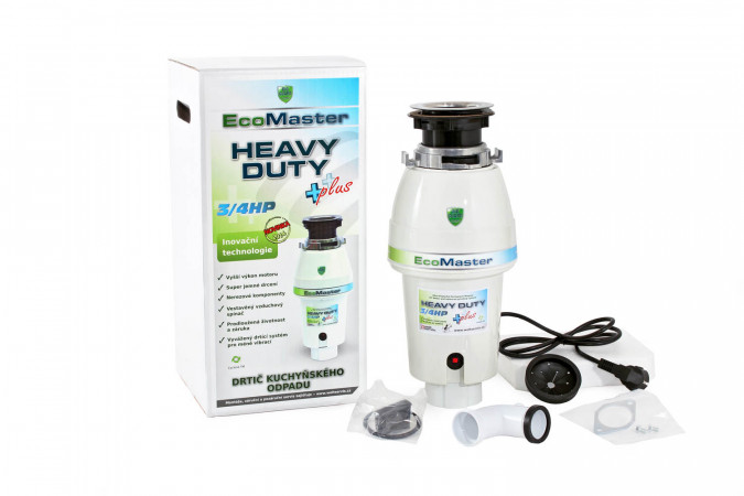 Drtič potravinového odpadu EcoMaster HEAVY DUTY Plus - obsah balení - odpadní koleno, gumová manžeta, zátka, příruba, 2 šrouby