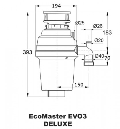 Drtič odpadu DELUXE EVO3 rozměry, schéma, výška, šířka